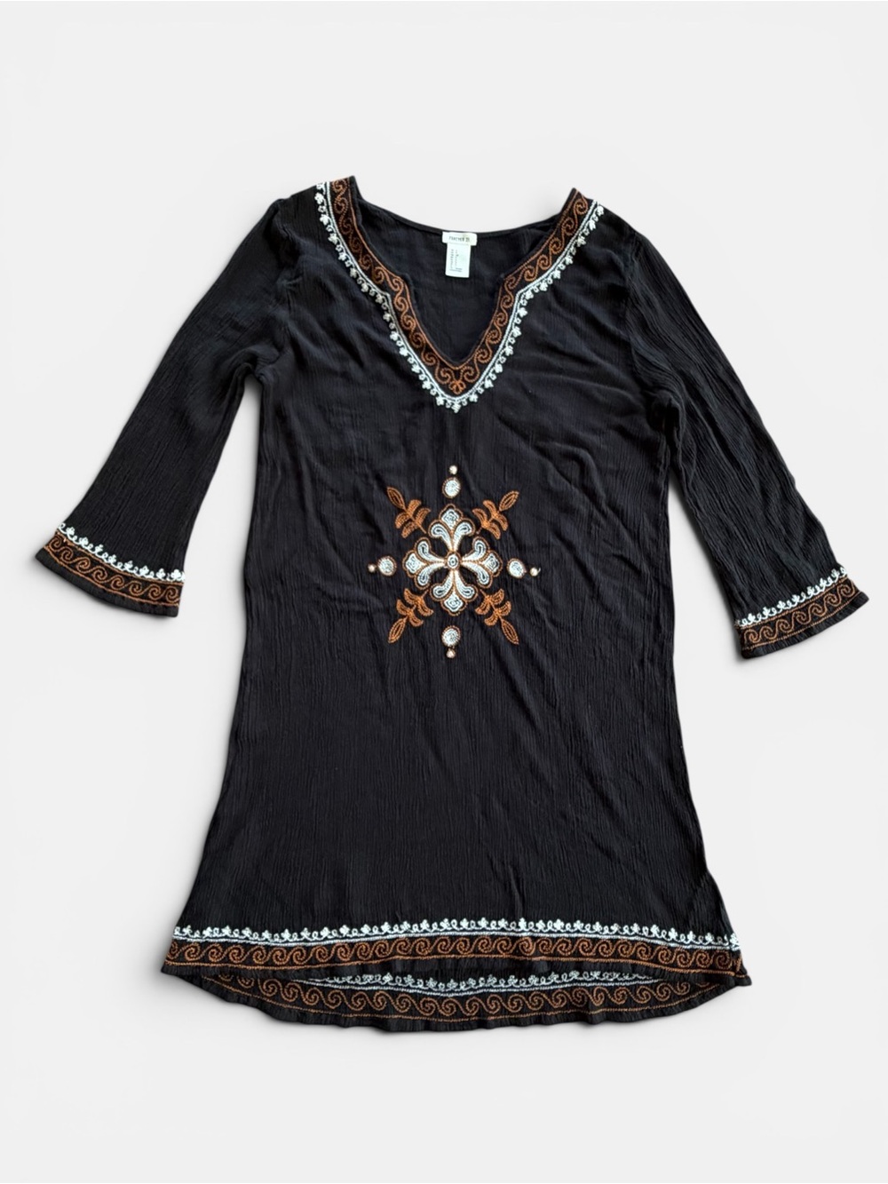 Forever 21 Embroidered Black V-Neck Tunic Dress w/ Brown & White Accents Small